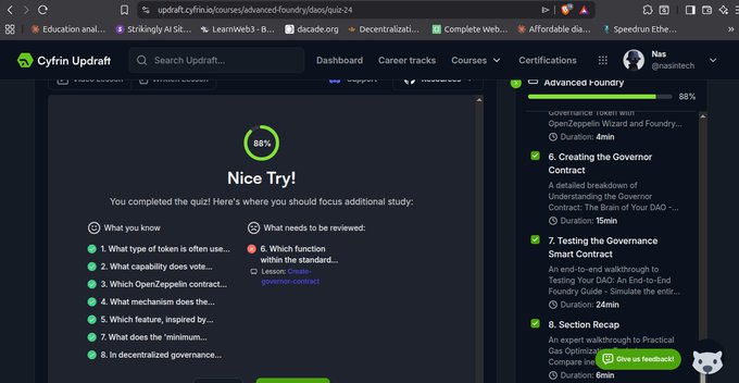 A screenshot of the Cyfrin Updraft learning platform showing an 88% quiz completion result for an 'Advanced foundry' course on DAO governance.