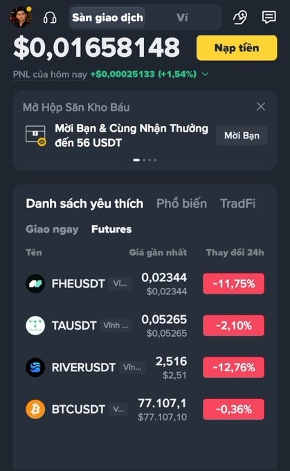 A mobile app screenshot in Vietnamese showing a crypto trading portfolio with a balance of $0.01658148, displaying futures pairs like FHEUSDT, TAUSDT, and BTCUSDT with their 24-hour price changes.