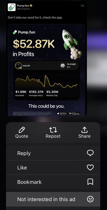 A tweet from Pump.fun (@Pumpfun) advertising $52.87K in profits on the app with stats showing $1.99K invested, $192.37K average entry, and $5.30M market cap, displayed with engagement options like Reply, Like, and Share.