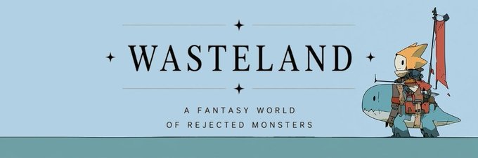 A banner image for "Wasteland" featuring a cartoon fox warrior riding a dinosaur-like creature while holding a red banner flag, with the tagline "A Fantasy World of Rejected Monsters." The whimsical fantasy art complements the post's enthusiastic pitch for a collaboration between Wasteland and INN3RSIDE, visually capturing the project's unique monster-themed aesthetic.