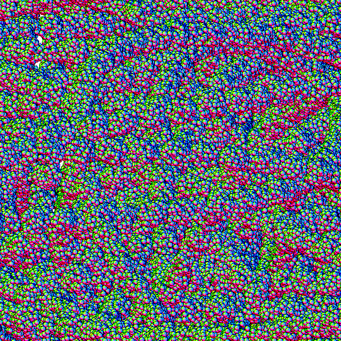 An abstract, psychedelic image filled with repeating patterns of small red, blue, and green circular shapes that create an optical illusion effect.