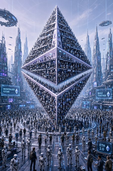 A futuristic sci-fi illustration shows a massive diamond-shaped structure housing crowds of people, with digital billboards displaying text including 'DECENTRALIZED FUTURE', 'BUILD TOGETHER', and 'ETH 2.0'.