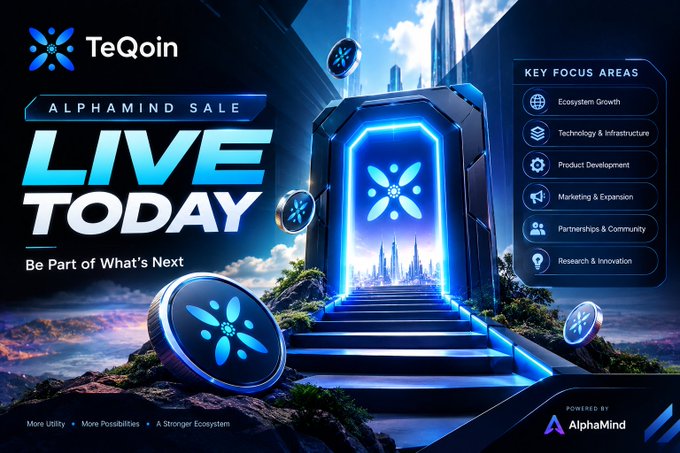 A promotional banner announcing 'TeQoin ALPHAMIND SALE LIVE TODAY - Be Part of What's Next', highlighting key focus areas like Ecosystem Growth, Technology & Infrastructure, and Product Development, with 'POWERED BY AlphaMind' at the bottom.