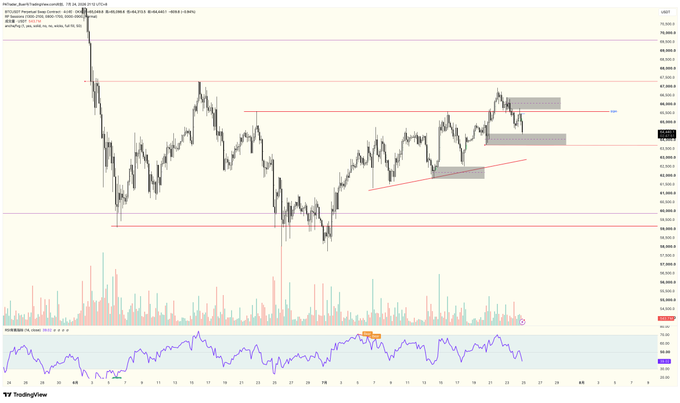 A detailed Bitcoin price chart on TradingView showing candlestick data, horizontal support/resistance lines, and an RSI indicator at the bottom.