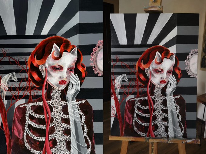 The image shows a side-by-side comparison of a striking gothic painting titled "Scarlet Velvet," depicting a red-haired figure with a white horned mask, jeweled skeletal bodice, and dramatic black-and-white striped background. The left panel shows a close-up detail while the right panel displays the full artwork on an easel, with @TransientLabs branding noted in the accompanying post.
