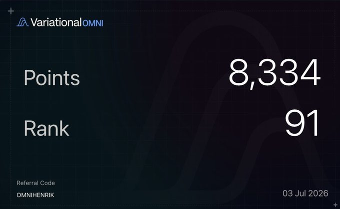 VariationalOMNI dashboard displaying 8,334 Points, Rank 91, Referral Code OMNIHENRIK, dated 03 Jul 2026.