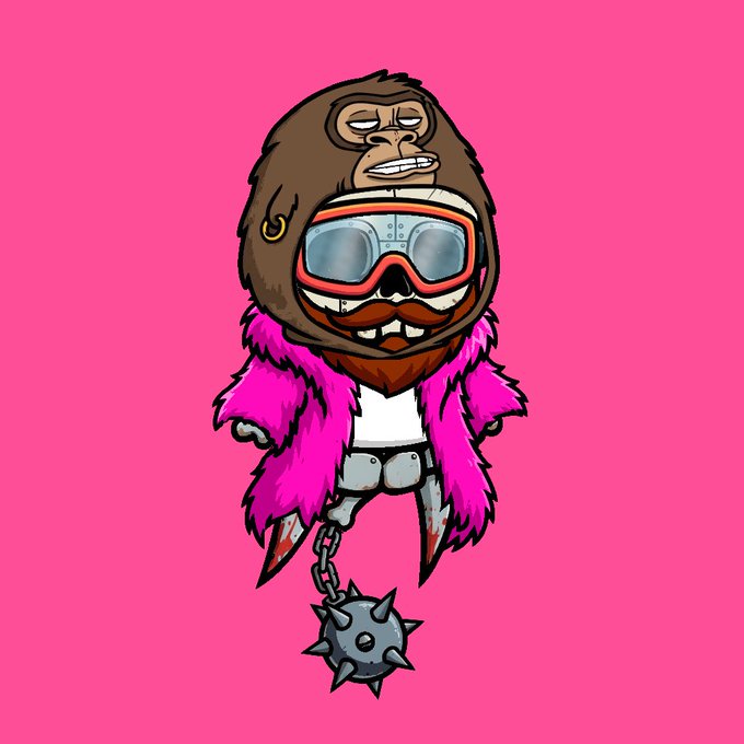 A cartoon character resembling a Bored Ape NFT wearing a furry brown hood, ski goggles, and a pink furry coat, with a spiked ball and chain attached to its leg, set against a bright pink background.