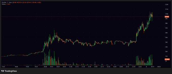 A TradingView chart of "The Bull - 1 - basic" (ticker $BULL) shows a sharp intraday price spike from ~$5.4K to a high of $13.3K, aligning with the post's prediction of "30M or bust" by illustrating the volatile pump in real time.