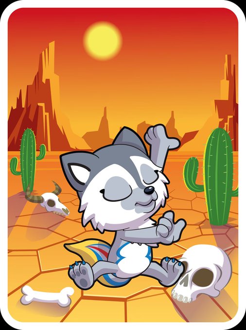 A cartoon illustration of a husky puppy wearing a diaper, doing yoga in a desert landscape with cacti, a sun, and animal skulls.