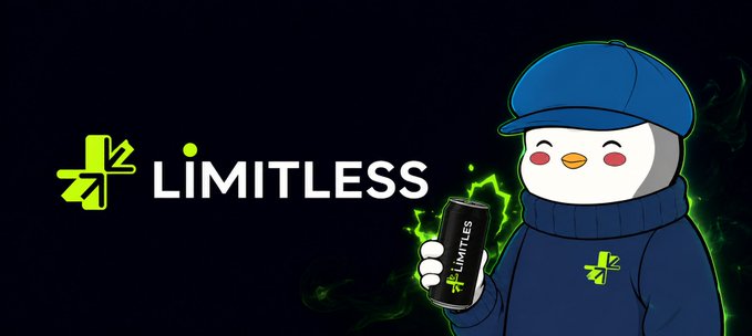 A digital promotional graphic featuring a cartoon penguin wearing a blue cap and sweater holding a phone displaying the 'LIMITLESS' logo, with the brand name 'LIMITLESS' shown prominently on the left against a dark background.