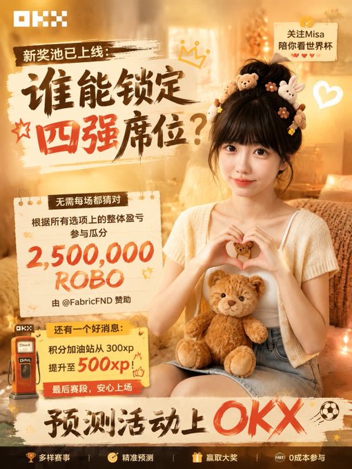 A promotional OKX crypto betting advertisement featuring a smiling young woman with teddy bear hair clips forming a heart shape, alongside a teddy bear on her lap, advertising a World Cup prediction contest with a 2,500,000 ROBO prize pool and 500xp point boost, tying into the post's message about @misaENFP bringing benefits to users who lost their bets in the quarterfinals.