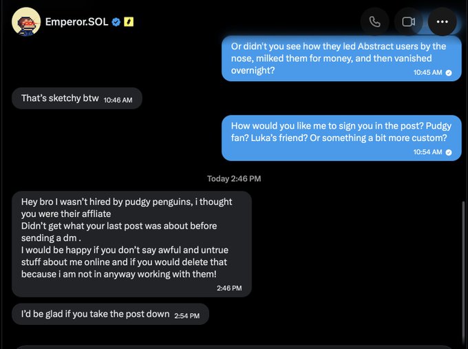 A Telegram chat screenshot from 'Emperor.SOL' discussing accusations, Pudgy Penguins, and requesting the deletion of an 'awful and untrue' post.