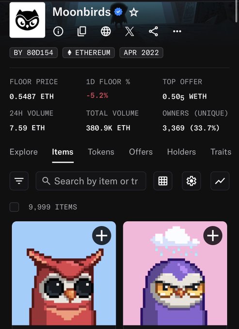 A screenshot of an NFT marketplace page for the 'Moonbirds' collection by 80D154 on Ethereum, showing a floor price of 0.5487 ETH, 24H volume of 7.59 ETH, and 9,999 items.