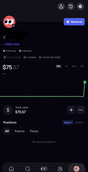 A mobile app interface displaying an account profile with a total cash balance of $75.57, showing zero following and followers, with an 'Open' positions tab selected.