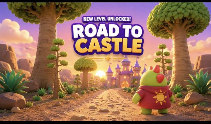 A 3D rendered game promotional image reading 'NEW LEVEL UNLOCKED! ROAD TO CASTLE' featuring a small green creature and a castle in the distance.