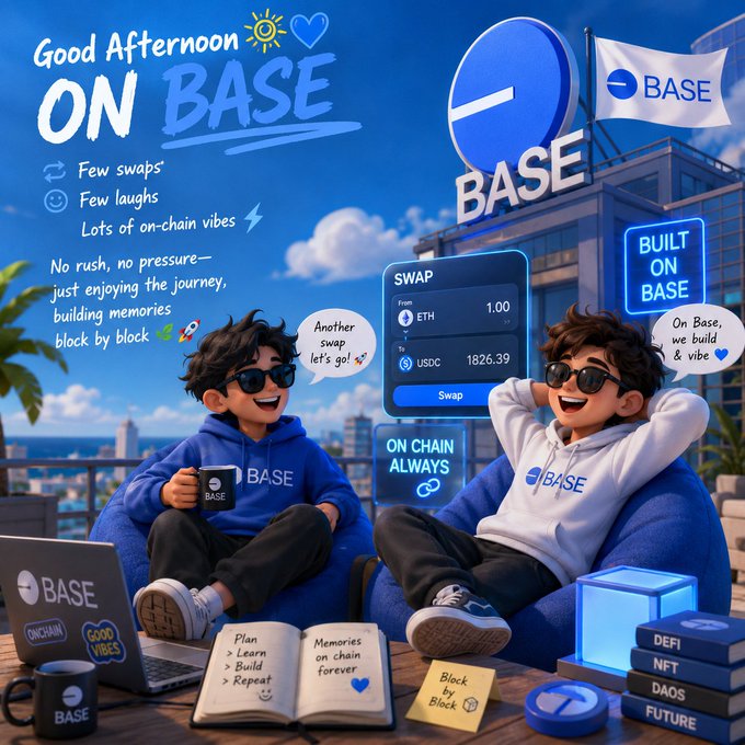 The image features two cartoon boys sitting next to each other with laptops open in front of them. They are surrounded by various objects, including a cup, a book, a laptop, and a cell phone. The background shows an office building or a cityscape, suggesting that they might be working on a project related to Base or simply enjoying their time together while using technology.