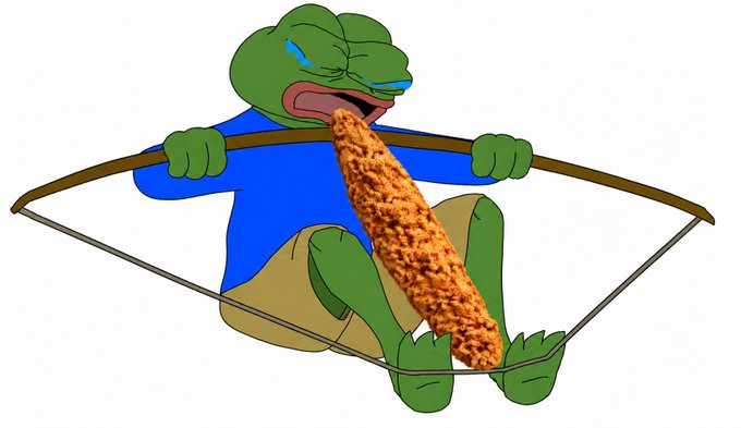 An illustration of a green Pepe the Frog character in a blue shirt gleefully biting into a giant fried chicken strip while sitting inside a rubber band slingshot.