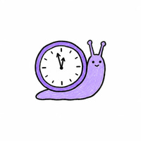 A cartoon illustration of a cute purple snail whose shell is a clock showing approximately 11:00.