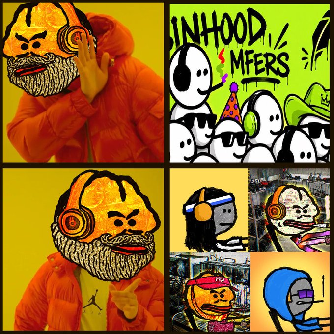 Collage featuring NFT-style characters including the INHOOD MFERS collection and a bearded orange character with Beats headphones, shown in various artistic iterations.
