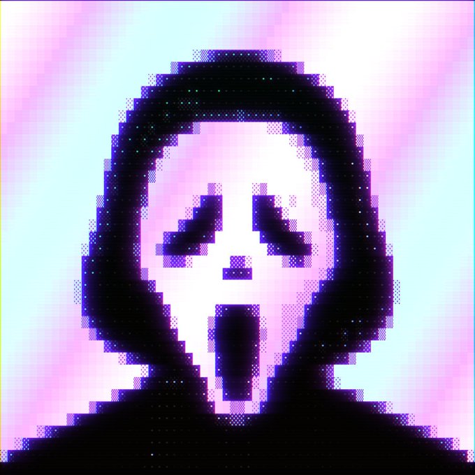 A pixelated, glitch-art style image of a screaming figure in a hood, tinted in purple and pink hues.