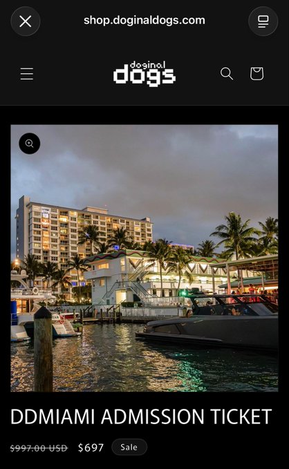 A mobile screenshot from shop.doginaldogs.com showing a 'DDMIAMI ADMISSION TICKET' listed at $697 on sale from $997.00 USD.