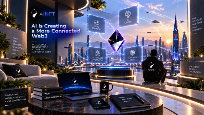 A futuristic promotional image for AINFT with the text 'AI Is Creating a More Connected Web3,' showing a person overlooking a high-tech cityscape with floating icons.