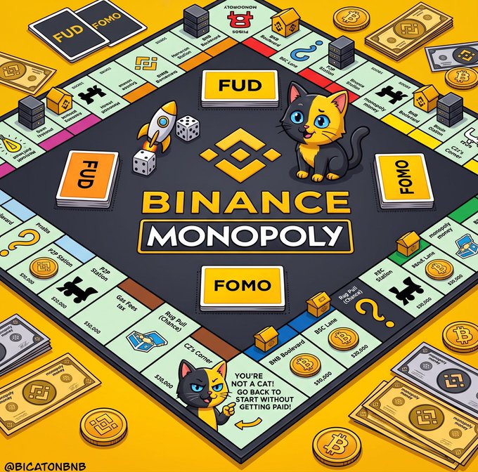 An isometric illustration of a cryptocurrency-themed Monopoly board called 'BINANCE MONOPOLY' featuring cats, FUD/FOMO cards, dice, Bitcoin coins, and a warning 'YOU'RE NOT A CAT! GO BACK TO START WITHOUT GETTING PAID!'