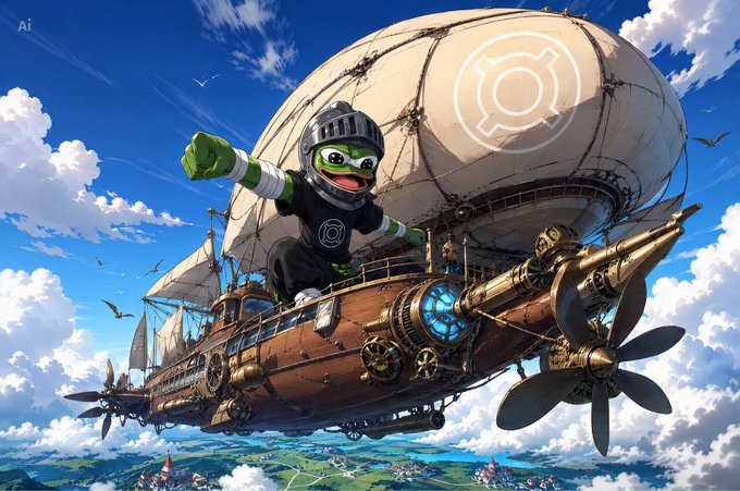 A vibrant cartoon illustration of a green Pepe frog wearing knight's armor, standing triumphantly on a steampunk airship sailing through the clouds, with a large white flag bearing a crypto logo behind it.