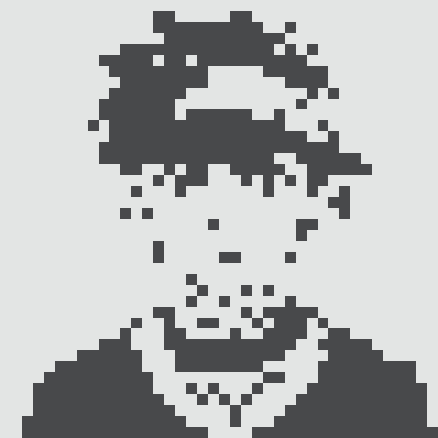 A pixelated black and white portrait illustration of a person with dark hair, glasses, and a beard wearing a collared shirt.