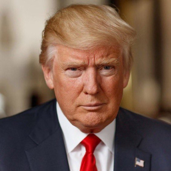 A close-up portrait of President Donald Trump wearing a dark suit with a red tie and an American flag pin, shown with a serious expression that underscores his bold declaration about America's leadership in Bitcoin and cryptocurrency.