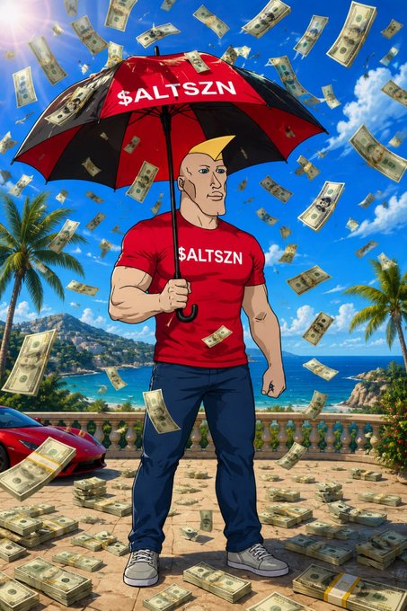 An animated figure holds an umbrella emblazoned with "$ALTSZN" while money rains down around him, symbolizing the "ALTSEASON" gains mentioned in the post. The image directly illustrates the optimistic "sunny skies with a 100% chance of gains" sentiment.