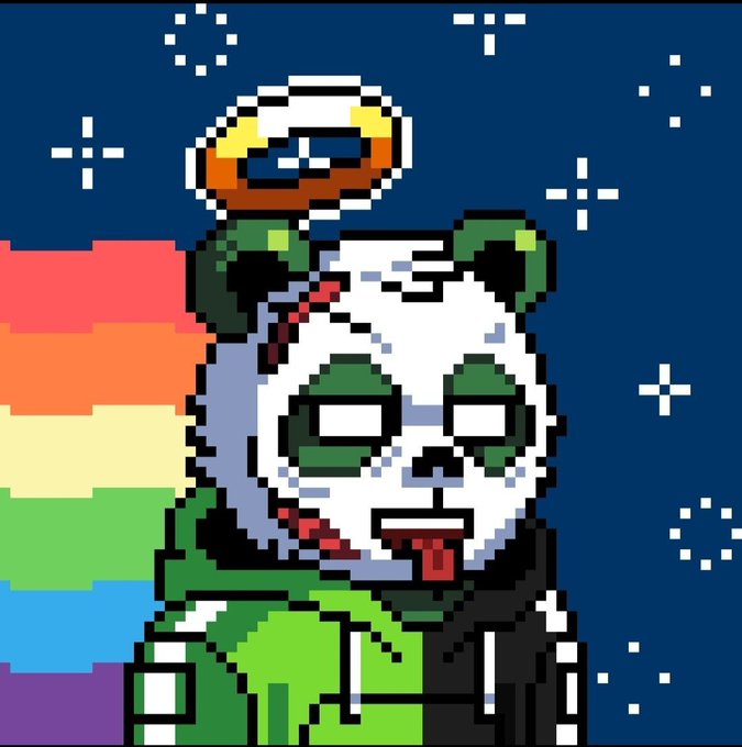 Pixel art illustration of a panda-like character wearing a green jacket with sunglasses perched on its head, set against a starry night sky with a rainbow and a planet.
