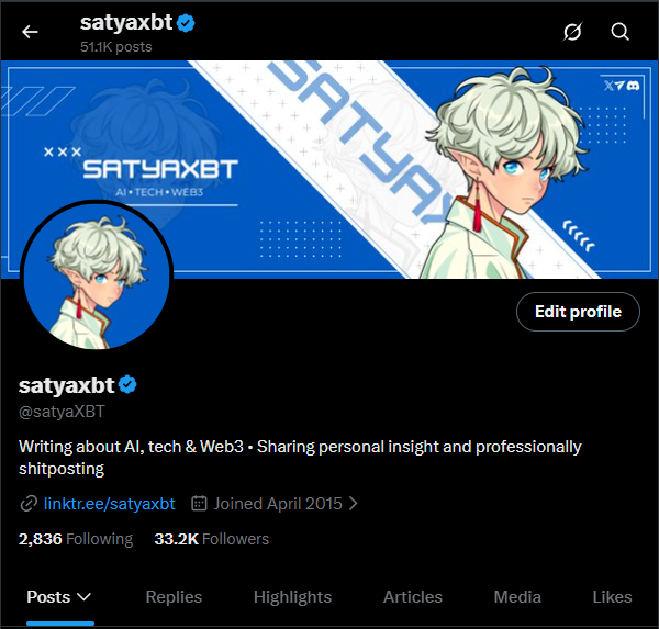 A Twitter/X profile for @satyaXBT (51.1K posts, 33.2K followers) featuring an anime-style banner and avatar, illustrating the post's point about using X as a Web3 portfolio—the polished banner, clean bio about AI/tech/Web3, and linktree link demonstrate the kind of complete, value-showing profile that attracts talent-seeking projects and founders.