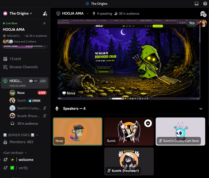 A Discord screen share showing a live stream of 'HOOJA AMA' with the page 'The Outlaw of Robinhood Chain' displayed, featuring 4 speakers and 38 in audience.