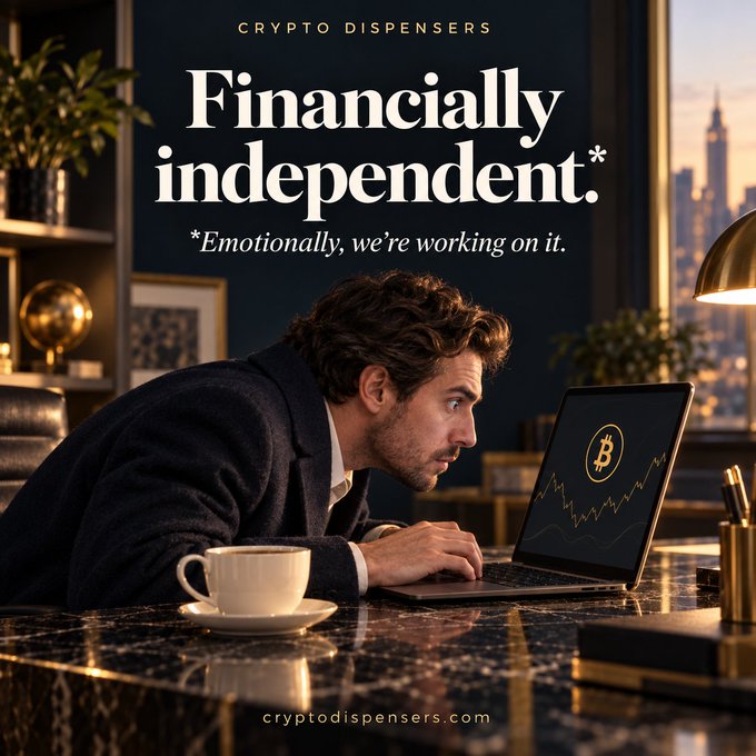 An ad for 'Crypto Dispensers' shows a man in a suit intensely watching a downward-trending Bitcoin chart on his laptop, with the headline 'Financially independent.*' and a disclaimer '*Emotionally, we're working on it.'