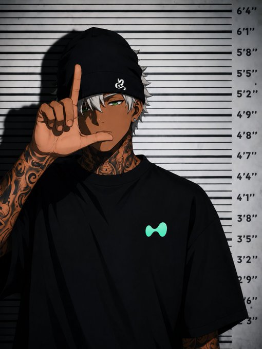 An anime-style illustration depicts a dark-skinned character with white hair, green eyes, and tattoos, wearing a black beanie and black t-shirt with a teal logo, posing against a police lineup height chart background.