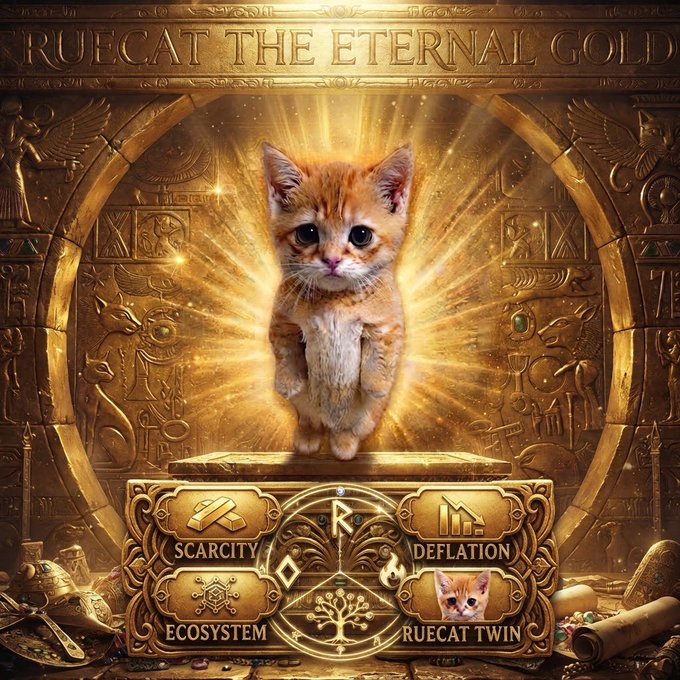 A digital artwork titled 'RUECAT THE ETERNAL GOLD' featuring a cute orange kitten standing on a golden pedestal adorned with Egyptian-style hieroglyphs and four key icons: 'SCARCITY', 'DEFLATION', 'ECOSYSTEM', and 'RUECAT TWIN'.
