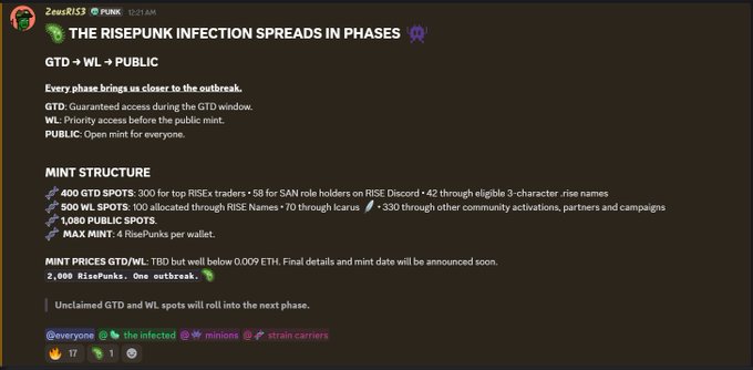 A Discord message from ZeusRISE explains the RisePunk NFT mint phases (GTD → WL → PUBLIC) with details on spot allocations, including 400 GTD spots for top traders and RISE Discord members.