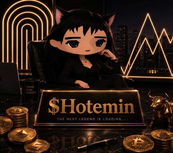 The image features a cartoon girl sitting at a desk with stacks of gold coins, a computer monitor, and a keyboard. The girl appears to be wearing a black dress and has cat ears. In front of her are stacks of gold Bitcoins, which she is surrounded by. The background shows an office setting with neon lights and mountains in the distance.

The image also contains text that reads "Good morning who always believe in $AVAX and staking $ARENA and believe $HOTEMIN will be a gamechanger". This suggests that the girl might be involved in Bitcoin trading or investing, as she is surrounded by stacks of Bitcoins which are often used for digital currency transactions.