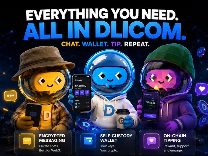 A promotional banner for DLICOM with the headline 'EVERYTHING YOU NEED. ALL IN DLICOM. CHAT. WALLET. TIP. REPEAT.', showing three astronaut-style mascot characters and features including Encrypted Messaging, Self-Custody Wallet, and On-Chain Tipping.