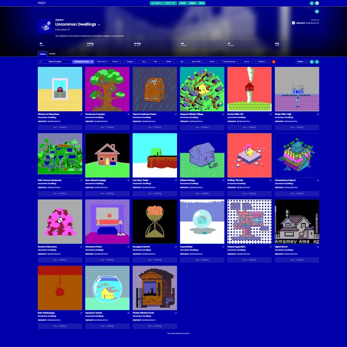 A screenshot of the objkt.com NFT marketplace displaying a collection called 'Uncommon Dwellings' featuring pixel art homes.