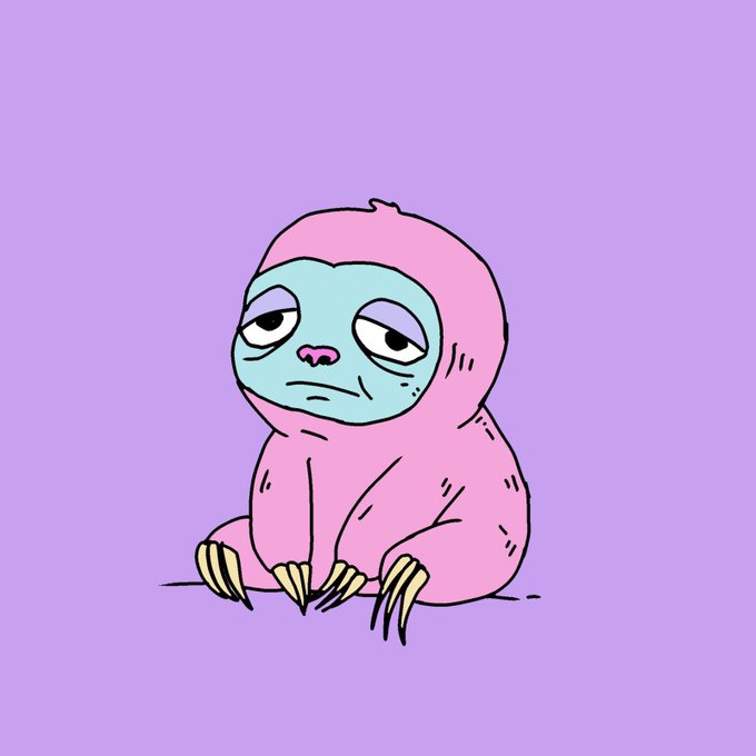 An illustration of a sad-looking sloth in a pink hooded outfit sitting against a purple background.