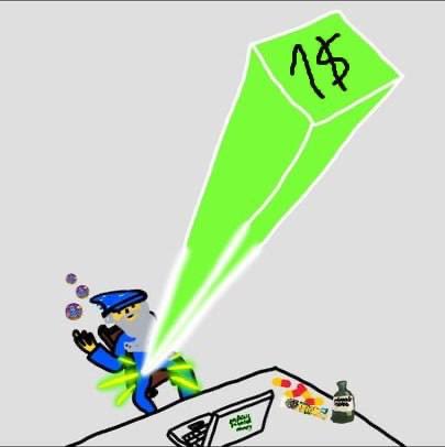 A cartoon police officer blasts a giant green beam projecting the letters "YFI" (yearn.finance's ticker) from a laptop, while the user sits surrounded by takeout boxes and a "1" energy drink—humorously illustrating the toxic mix of crypto obsession and self-deprecating humor in their post about holding a coin for three years.