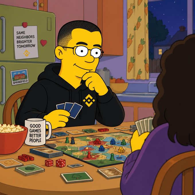 A cartoon scene in the style of The Simpsons showing a character in a black Binance hoodie sitting at a kitchen table playing a board game, with a refrigerator displaying a 'SAME NEIGHBORS BRIGHTER TOMORROW' Binance note and a mug reading 'GOOD GAMES BETTER PEOPLE.'