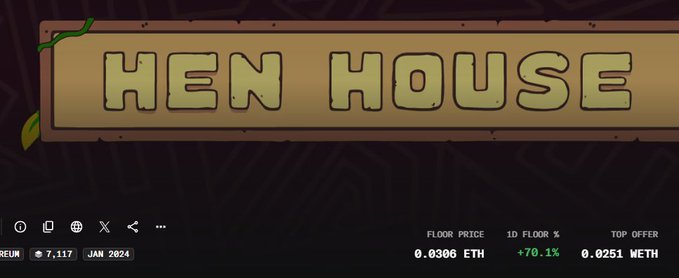 A digital banner displaying 'HEN HOUSE' with a floor price of 0.0306 ETH and a 1D floor percentage of +70.1%, dated JAN 2024.