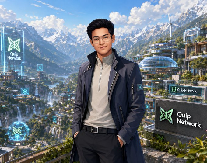 Digital artwork of a young man in a navy coat and glasses standing before a mountainous futuristic city, with 'Quip Network' holographic logos visible.