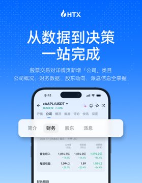 A blue promotional image for HTX (Huobi) featuring Chinese text '从数据到决策 一站完成' (From data to decision, completed in one stop), displaying stock information for Apple (AAPL/USDT) at $269.92.