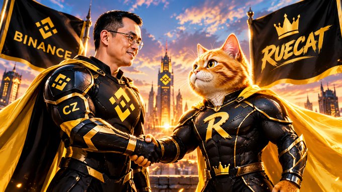 A stylized digital illustration depicts a man in gold and black Binance armor shaking hands with an anthropomorphic orange cat in similar armor marked with an 'R' for RUECAT, set against a golden cityscape with Binance and RUECAT flags.