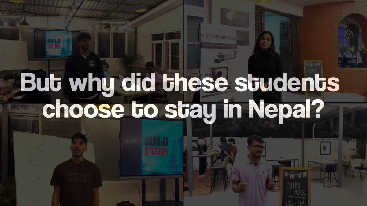 A four-panel video thumbnail shows young people giving presentations, overlaid with the text 'But why did these students choose to stay in Nepal?'.