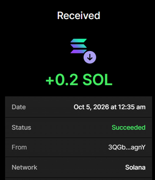 A mobile app screenshot shows a received cryptocurrency transaction of '+0.2 SOL' with status 'Succeeded' on the Solana network, dated Oct 5, 2026.